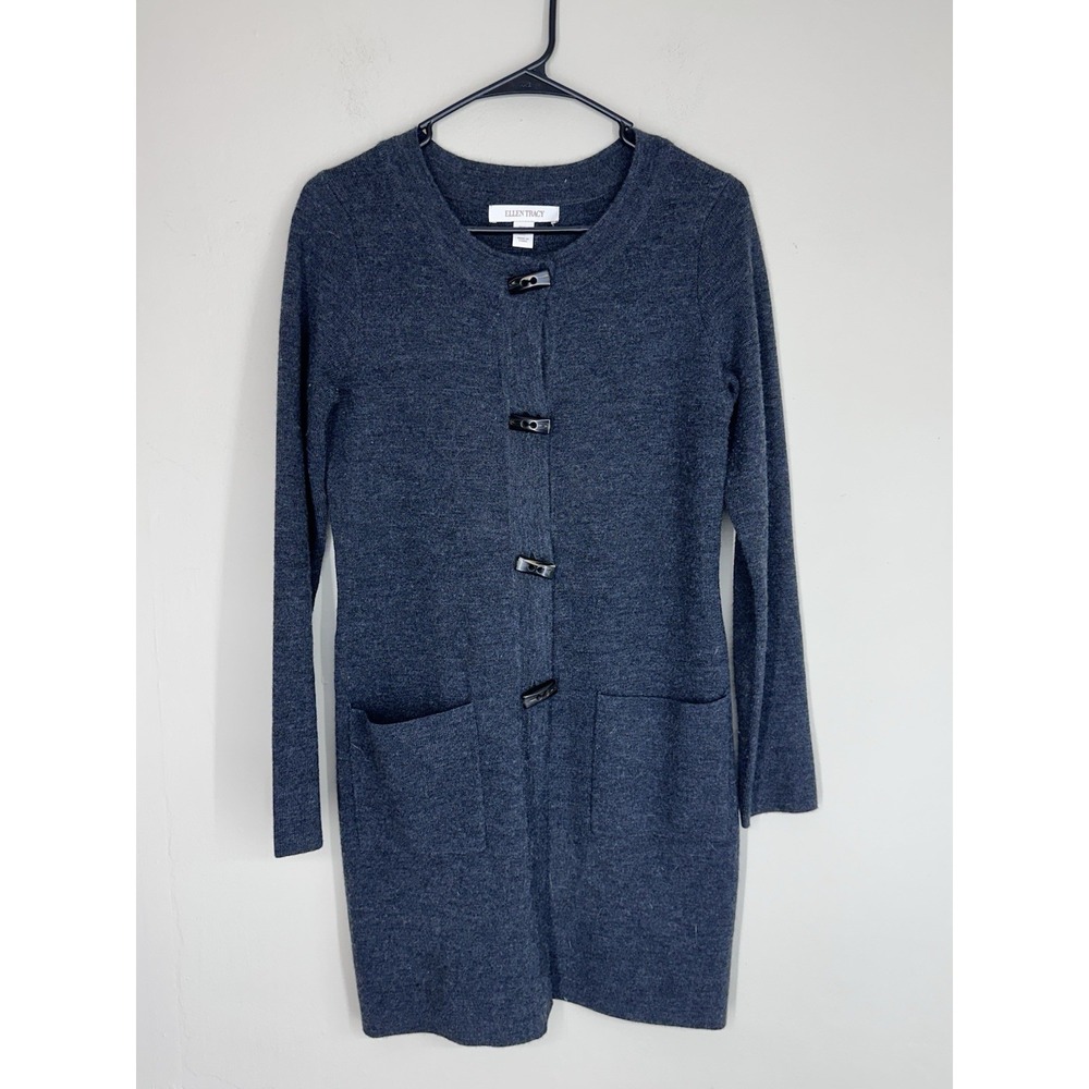 Ellen Tracy SMALL Merino Wool Cardigan Dress Toggle Buttons Pockets Lagenlook